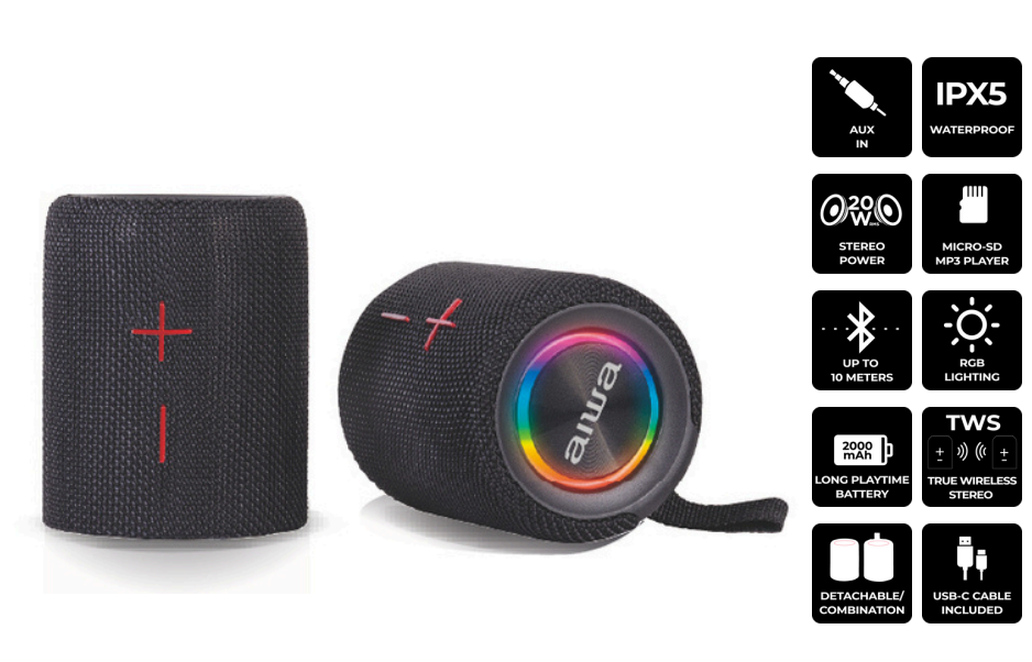 Aiwa BST-250 SNEMLJIV PRENOSNI BLUETOOTH ZVOČNIK Z RGB OSVETLJIVO