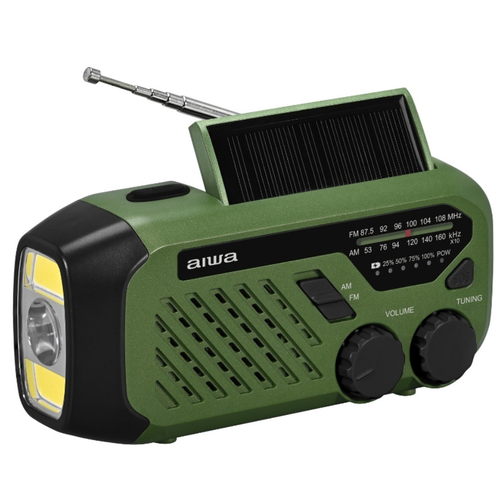 AIWA R-99EM prenosni radio AM/FM s solarnim polnjenjem, LED svetilko in powerbankom